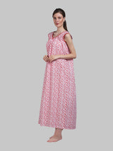 White & Red Women's Cotton Floral Sleeveless Nighty