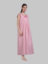 White & Red Women's Cotton Floral Sleeveless Nighty