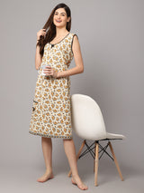 Women's Floral Sleeveless Nighty With Pocket - Yellow