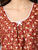 Women Feather Print Sleeveless Nighty With Pocket - Brown