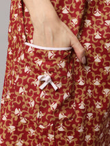 Women Feather Print Sleeveless Nighty With Pocket - Brown