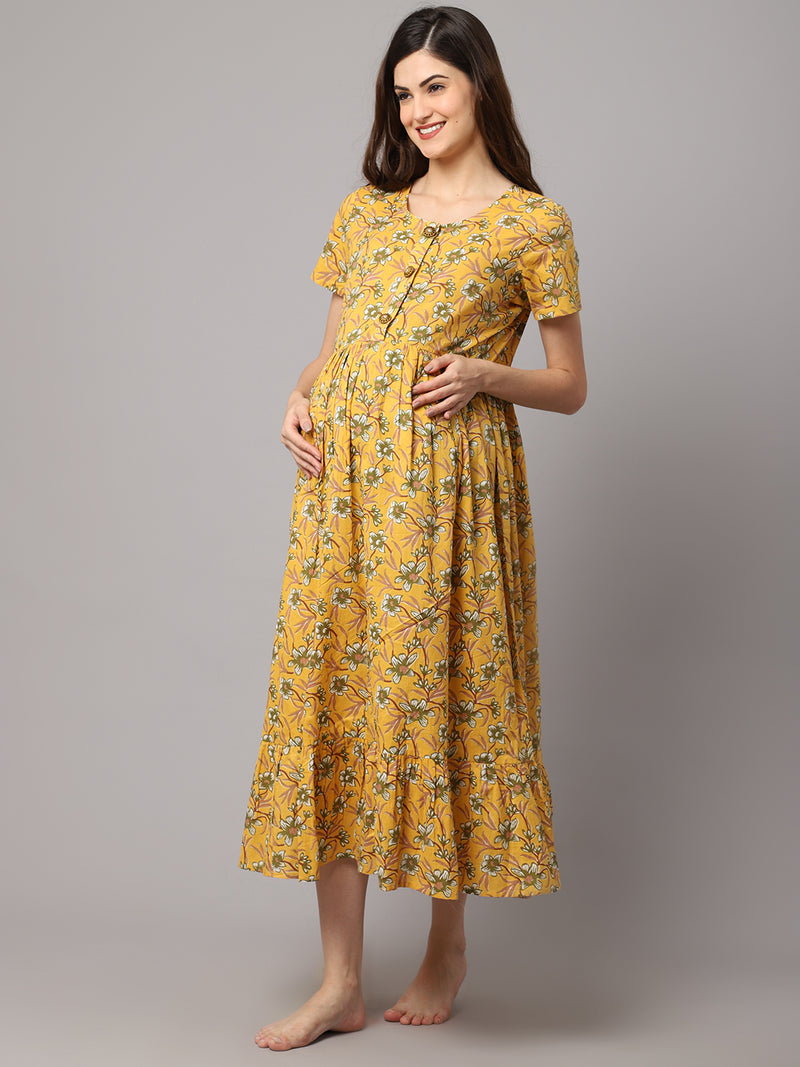 Women's Cotton Floral Printed Pre and Post Maternity Dress