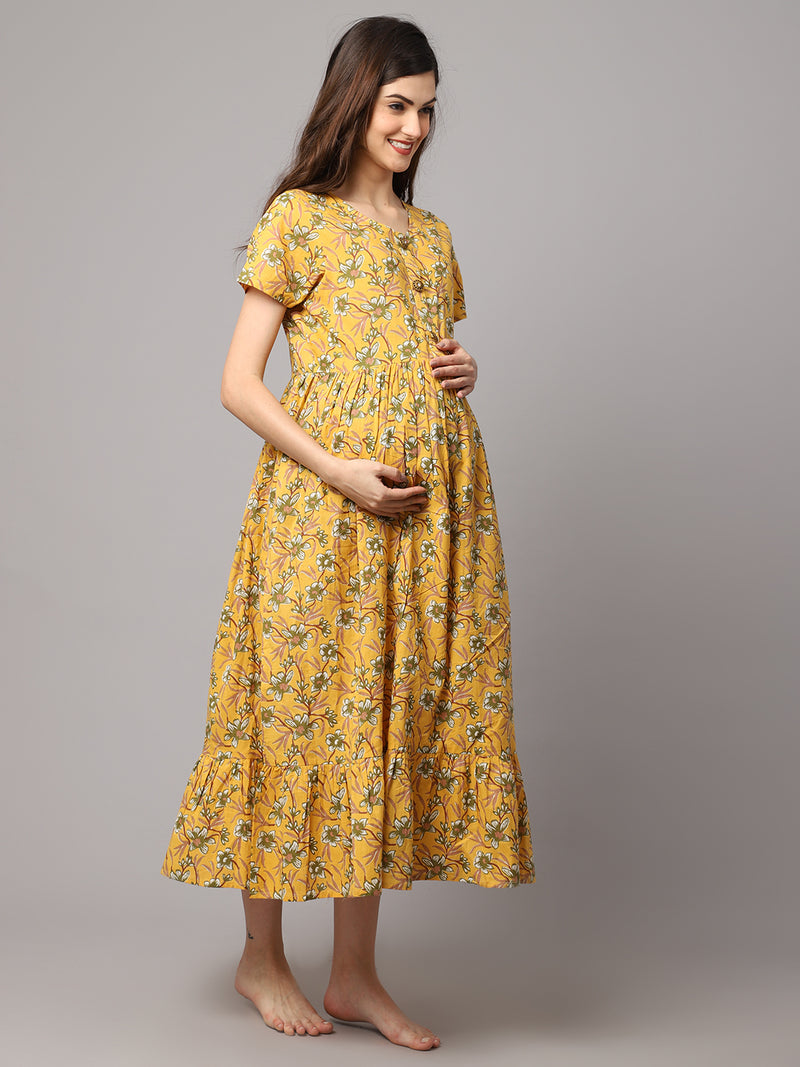Women's Cotton Floral Printed Pre and Post Maternity Dress