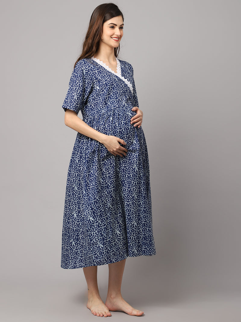 Women's Cotton Lace Printed Pre and Post Maternity Dress with Feeding