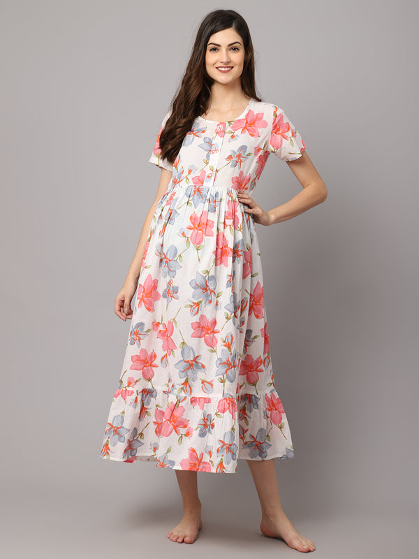 Women's Cotton Floral Printed Maternity Dress With Feeding Zipper