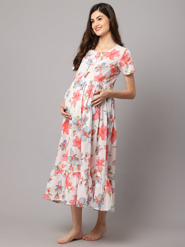 Women's Cotton Floral Printed Maternity Dress With Feeding Zipper