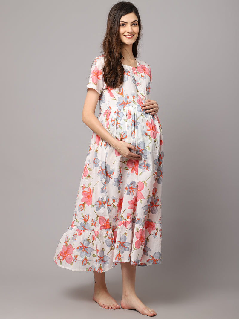 Cotton Floral Printed Maternity Dress With Feeding Zipper
