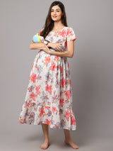 Cotton Floral Printed Maternity Dress With Feeding Zipper