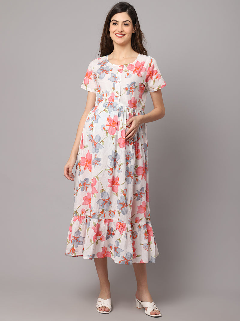 Cotton Floral Printed Maternity Dress With Feeding Zipper