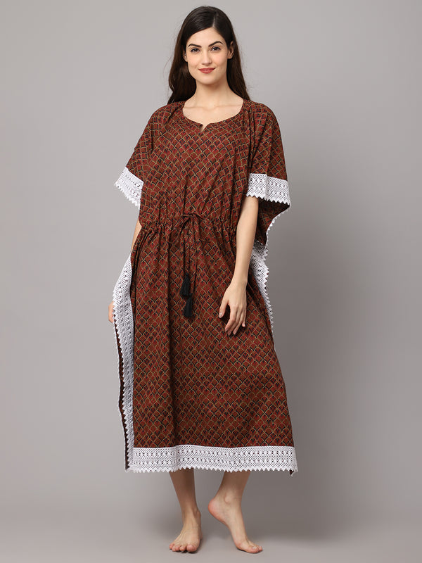 Cotton Foral Print Long Kaftan With Lace
