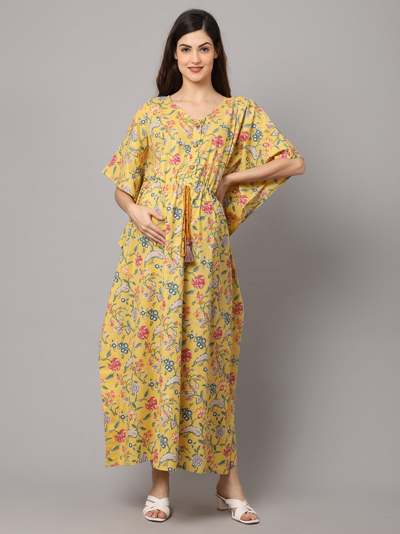 Women's Cotton Floral Print Maternity Kaftan With Feeding Zipper