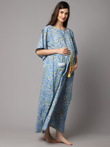 Women's Cotton Paisley Floral Print Maternity Kaftan With Pocket and Feeding