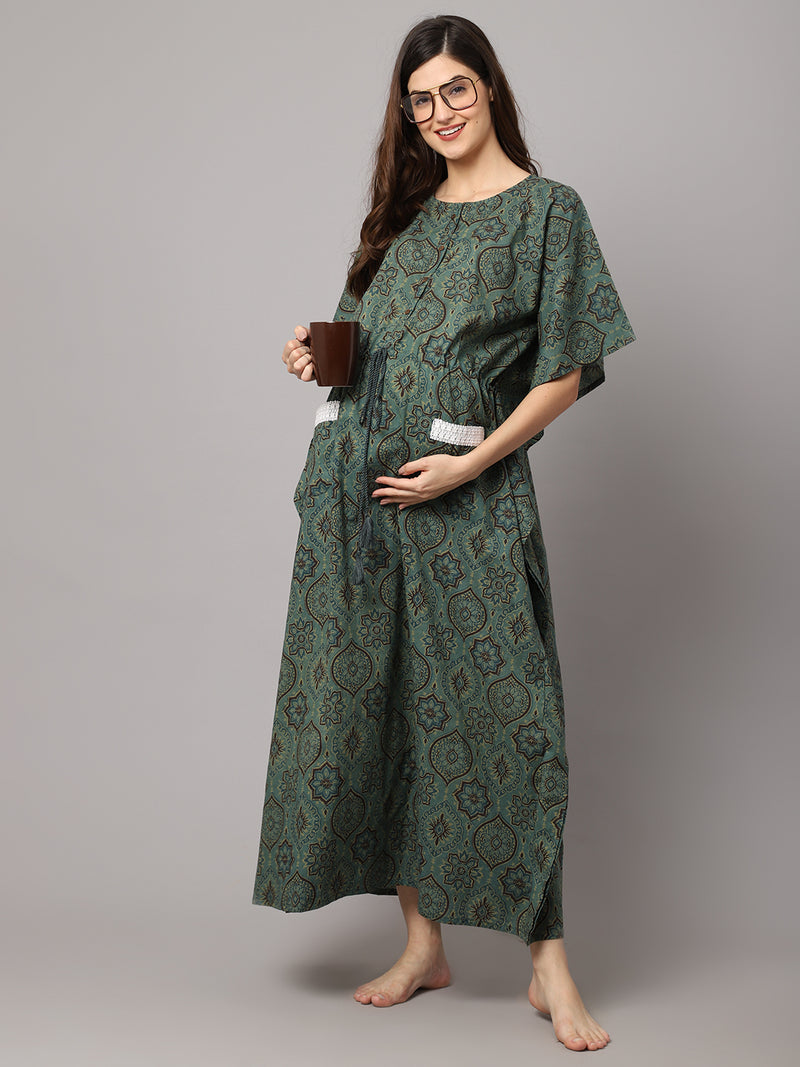 Women's Cotton Geometric Print Maternity Kaftan With Pocket And Feeding