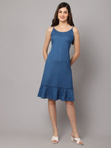 Women's Rayon Solid Short Night Dress with Frill - Royal Blue