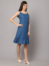 Women's Rayon Solid Short Night Dress with Frill - Royal Blue