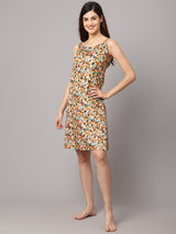 Women's Poly Satin Floral Print Short Night Dress with Frill - Yellow