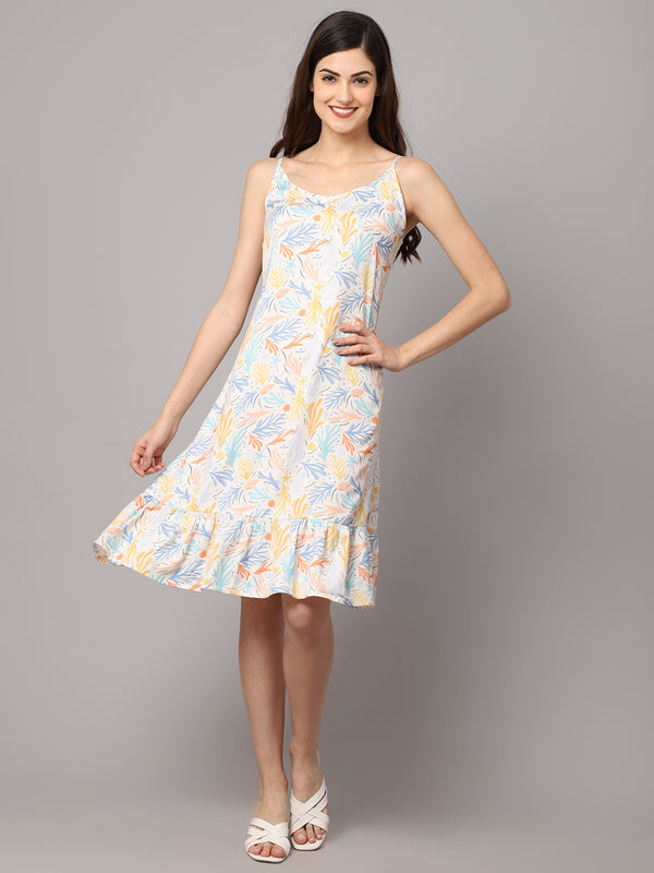 Women's Crepe Leaf Print Short Night Dress with Frill - Multicolor