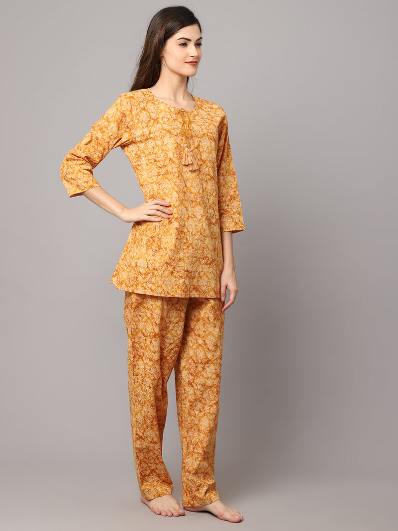 Yellow Floral Printed Women's Night Suit