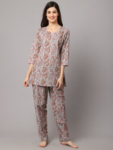Beige Floral Printed Women's Night Suit by Shararat