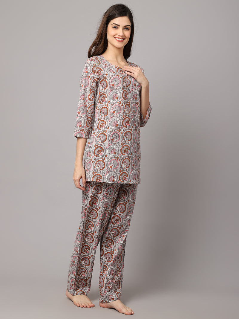 Beige Floral Printed Women's Night Suit by Shararat