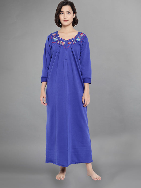 Blue Women's Solid Print Woolen Winter Nighty by Shararat