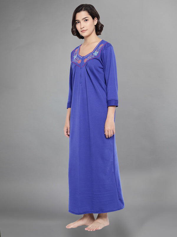 Blue Women's Solid Print Woolen Winter Nighty by Shararat