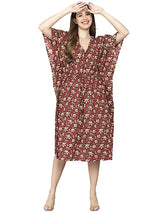 Shararat Women's Striped Knee Length Sleepshirt/ Night Shirt - Red