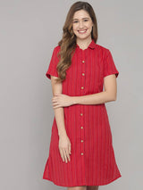 Shararat Women's Striped Knee Length Sleepshirt/ Night Shirt - Red